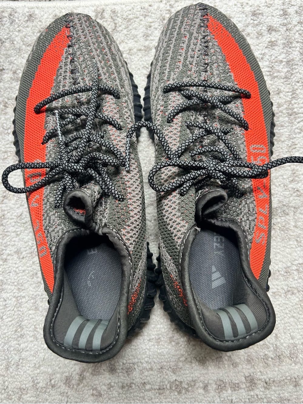Yeezy Boost Men's Grey Knit Sneakers with Bright Orange Stripe